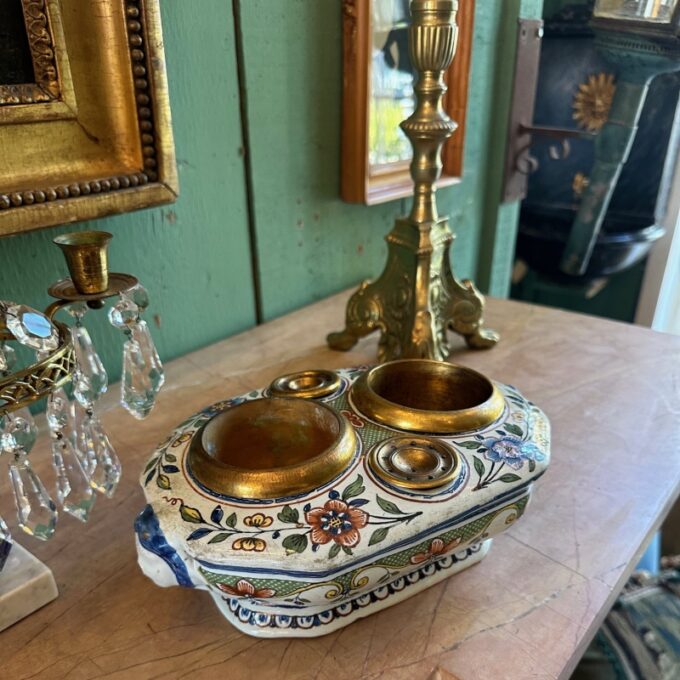 19th C. Antique Writing Stand Desk office Inkwell Center Piece Faience Porcelain - Image 3