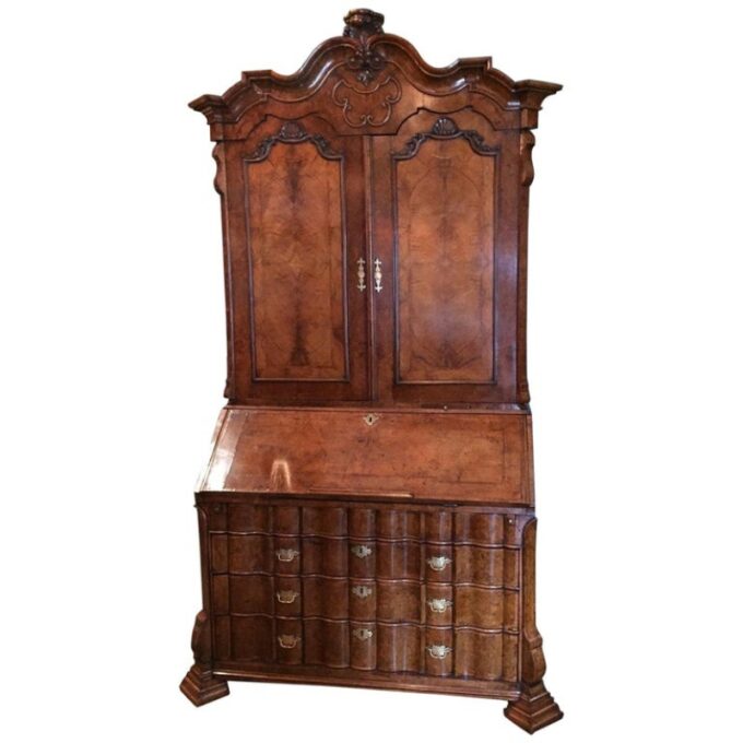 18th Century Dutch Burl Walnut Secretary Cabinet Scriban Desk Library Antique LA