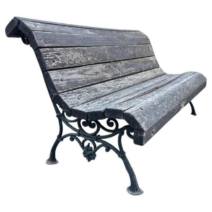 19th C. Hand Forged Metal & Carved Wood Antique Park Garden Bench Seat Furniture