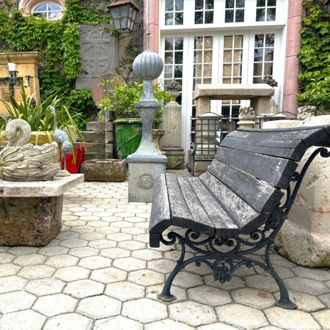 19th C. Hand Forged Metal & Carved Wood Antique Park Garden Bench Seat Furniture - Image 3