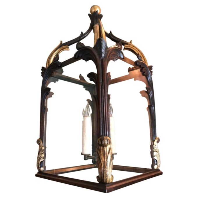 19th C. Large Antique Hand Carved Wood Lantern Hanging Ceiling Light Pendant LA