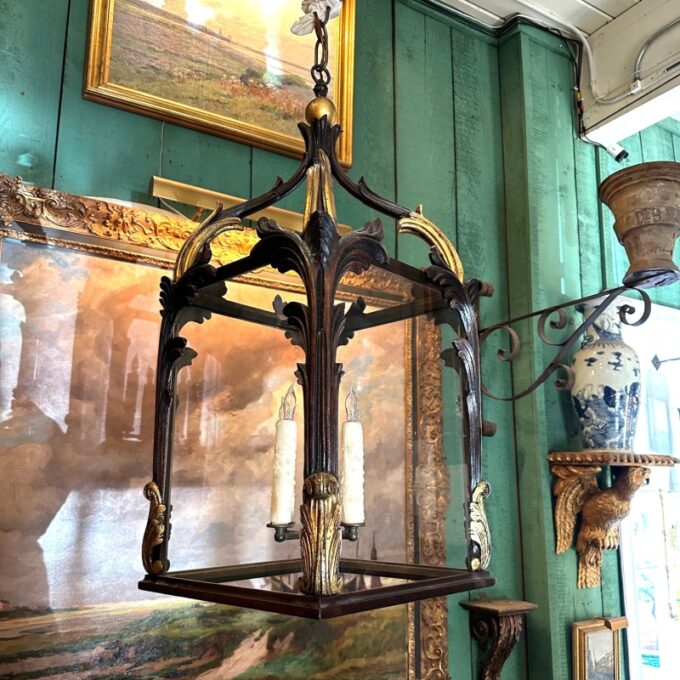 19th C. Large Antique Hand Carved Wood Lantern Hanging Ceiling Light Pendant LA - Image 2